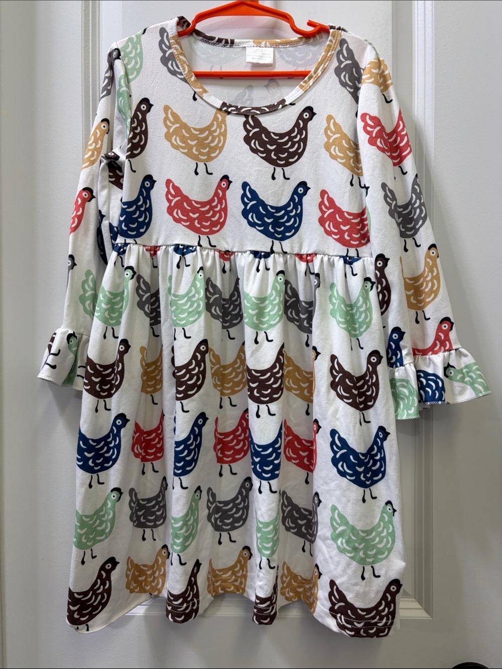 Girls' Hen Print Long Sleeve Dress - White with Multi-Color Hens